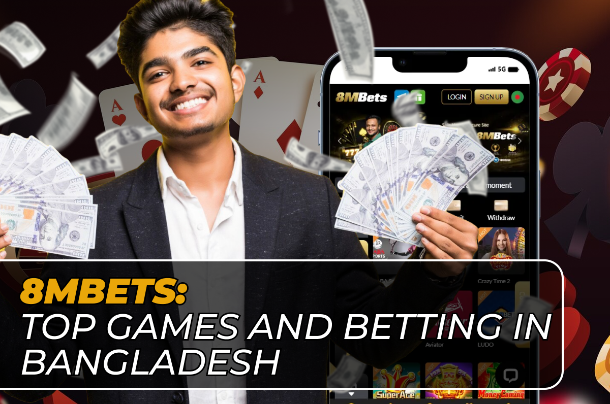 A collage showcasing popular games and betting options available in Bangladesh, highlighting vibrant graphic. Text: 8mbets: Top Games and Betting in Bangladesh